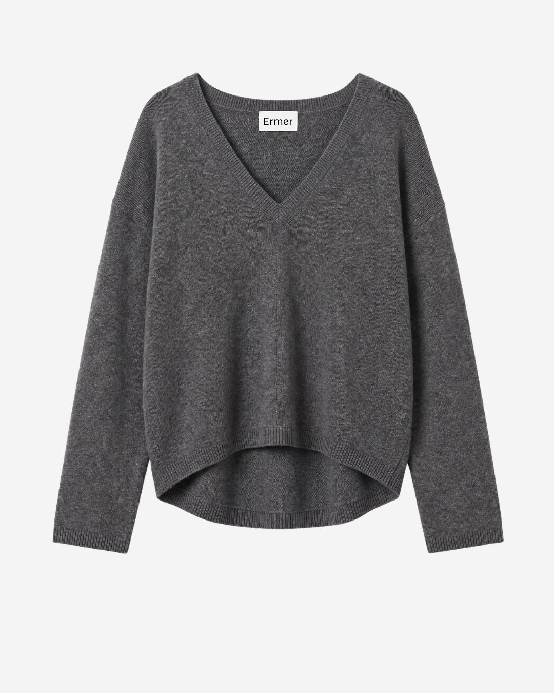 Ermer Terni sweater in tundra grey cashmere, V-neck flat lay with ribbed cuffs and hem