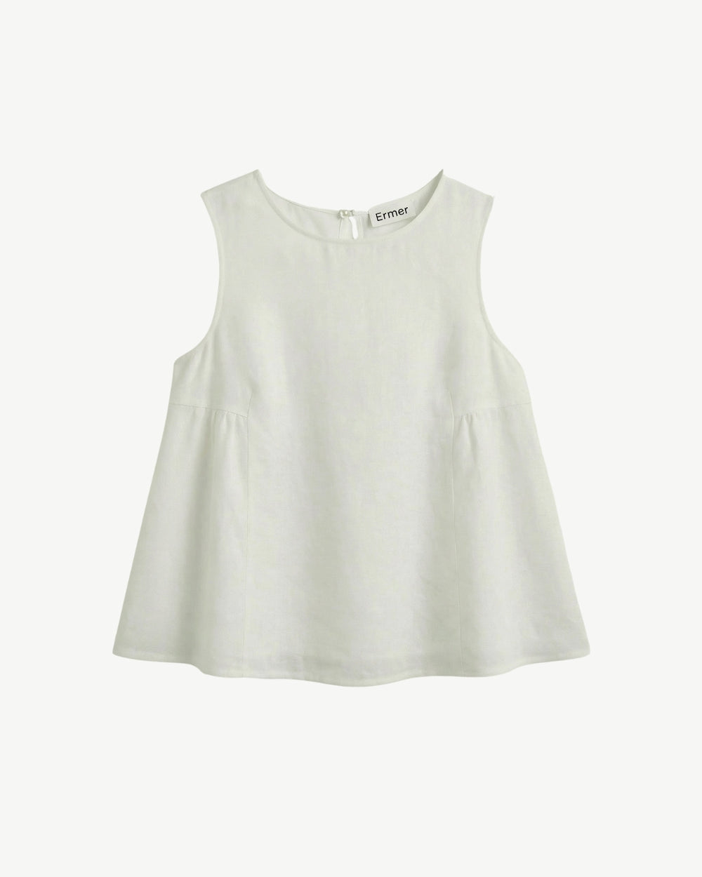 Biarritz top in white linen, flat lay showing clean neckline and flared shape