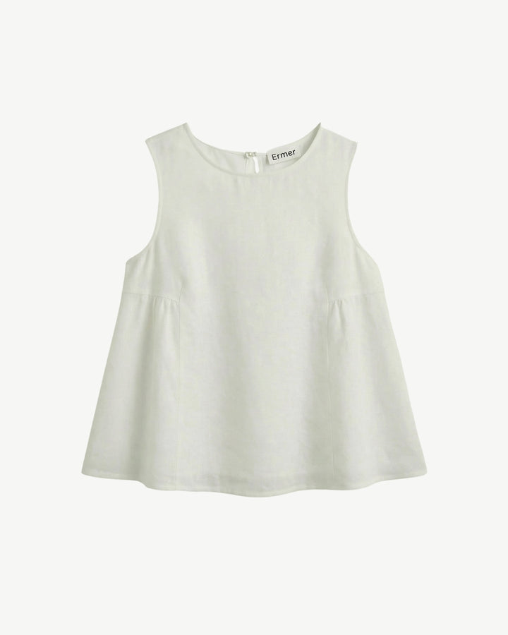Biarritz top in white linen, flat lay showing clean neckline and flared shape