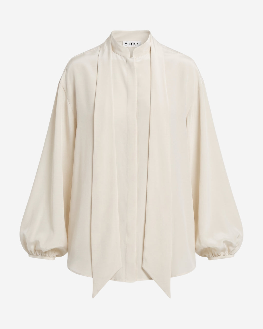 Caen blouse in cloud dancer silk blend, flat lay showing voluminous sleeves and gathering