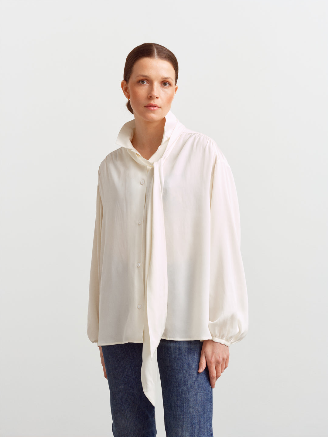 Caen blouse in cloud dancer silk blend, front view with the scarf draped loosely