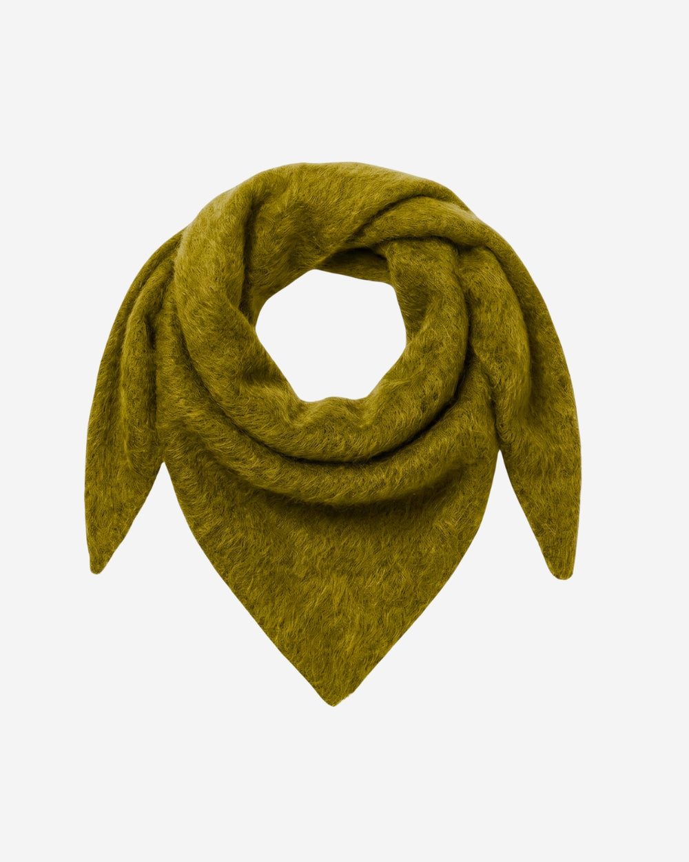 Chamonix scarf in fresh moss brushed cashmere, triangular shape shown knotted at the front