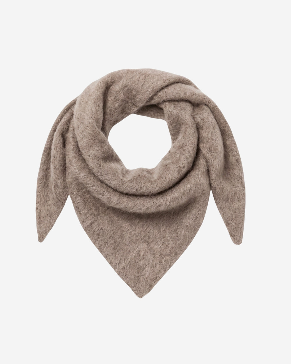 Chamonix scarf in mushroom brushed cashmere, triangular shape shown knotted at the front