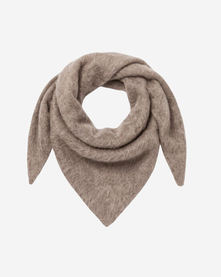 Chamonix scarf in mushroom brushed cashmere, triangular shape shown knotted at the front