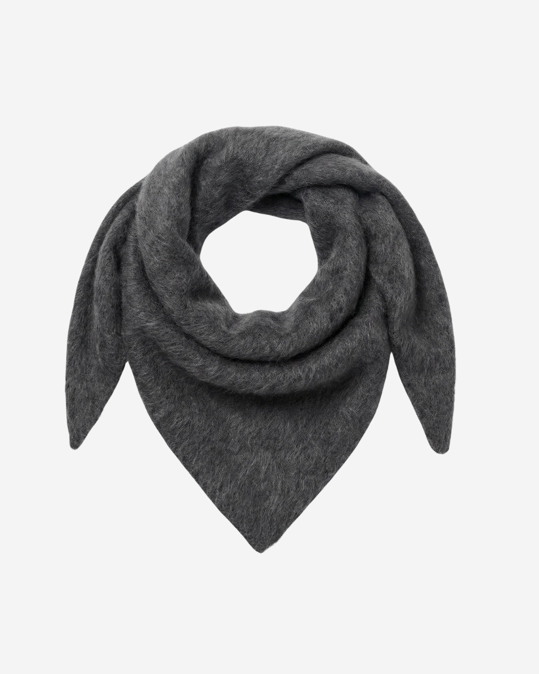 Chamonix scarf in tundra grey brushed cashmere, triangular shape shown wrapped and knotted