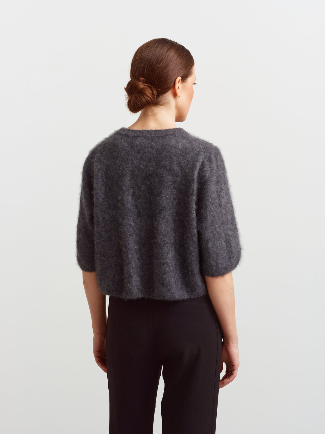 Modena tee in tundra grey brushed cashmere, back view showing slightly boxy fit