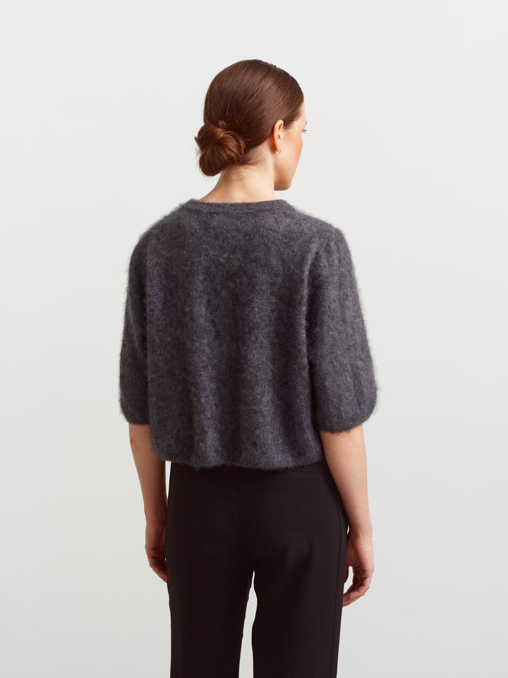 Modena tee in tundra grey brushed cashmere, back view showing slightly boxy fit