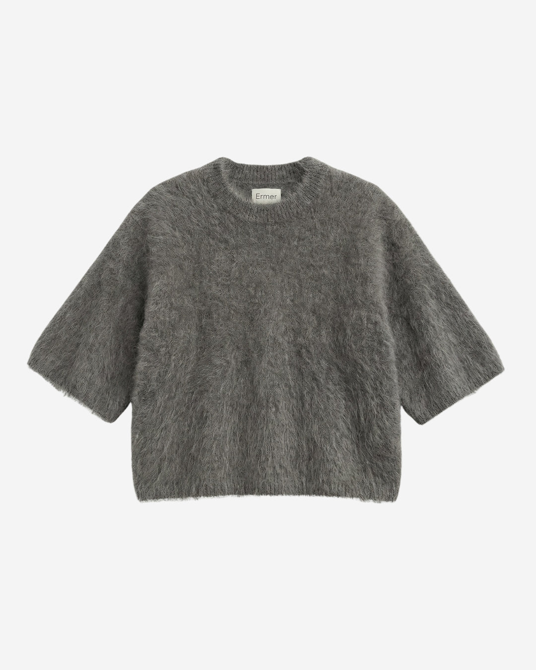 Modena tee in tundra grey brushed cashmere, flat lay with round neckline and elbow-length sleeves