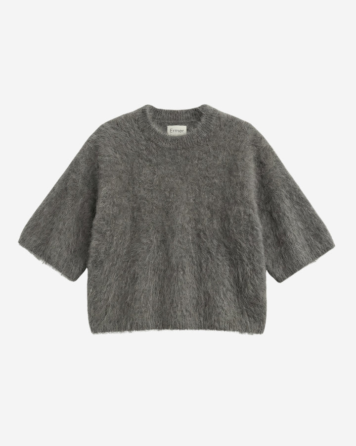 Modena tee in tundra grey brushed cashmere, flat lay with round neckline and elbow-length sleeves