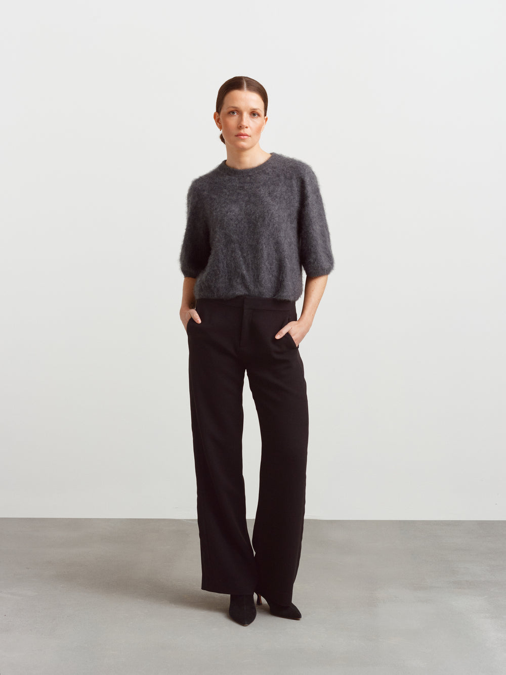 Modena tee in tundra grey brushed cashmere, boxy fit with black wide-leg trousers