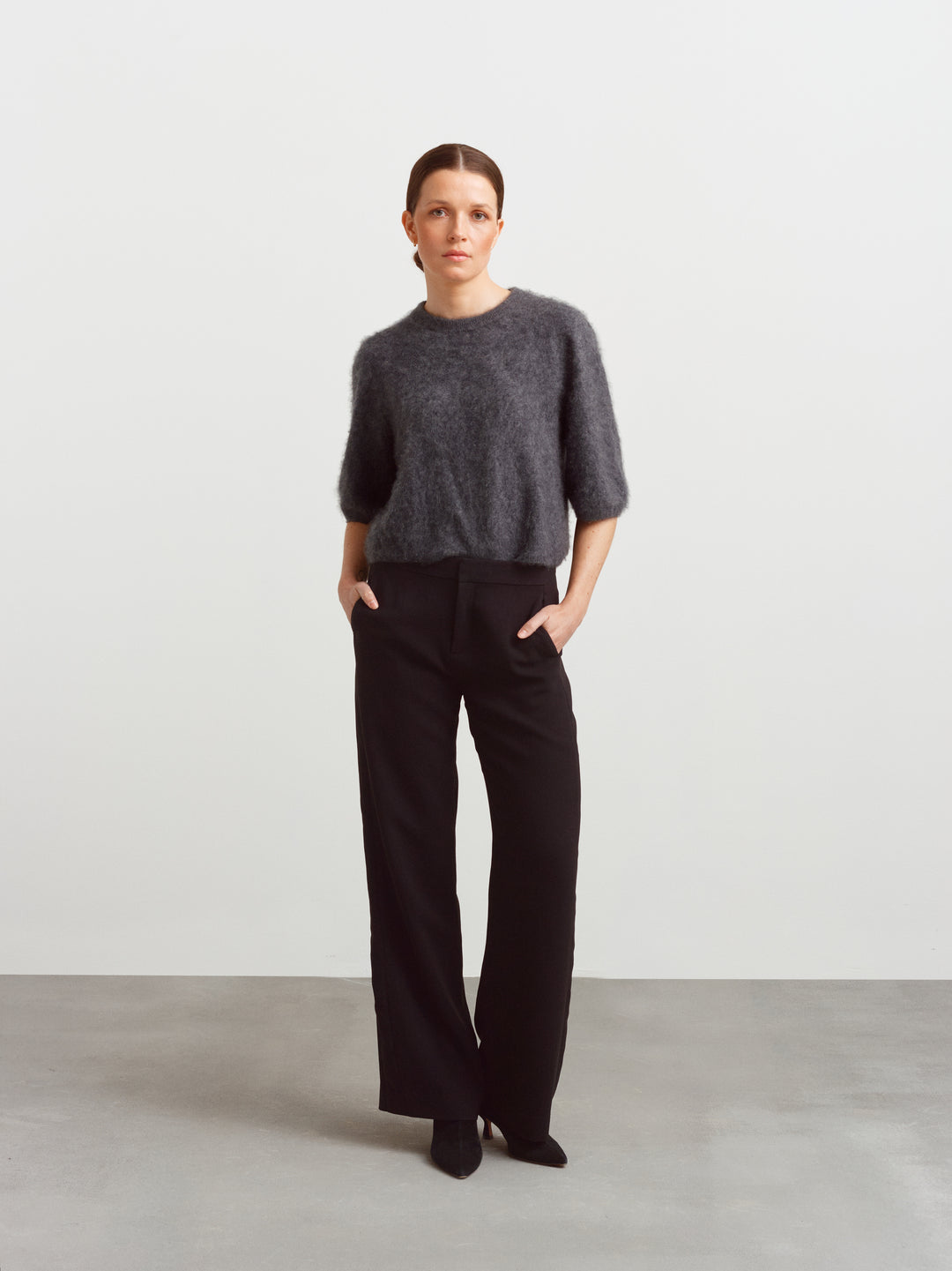 Modena tee in tundra grey brushed cashmere, boxy fit with black wide-leg trousers