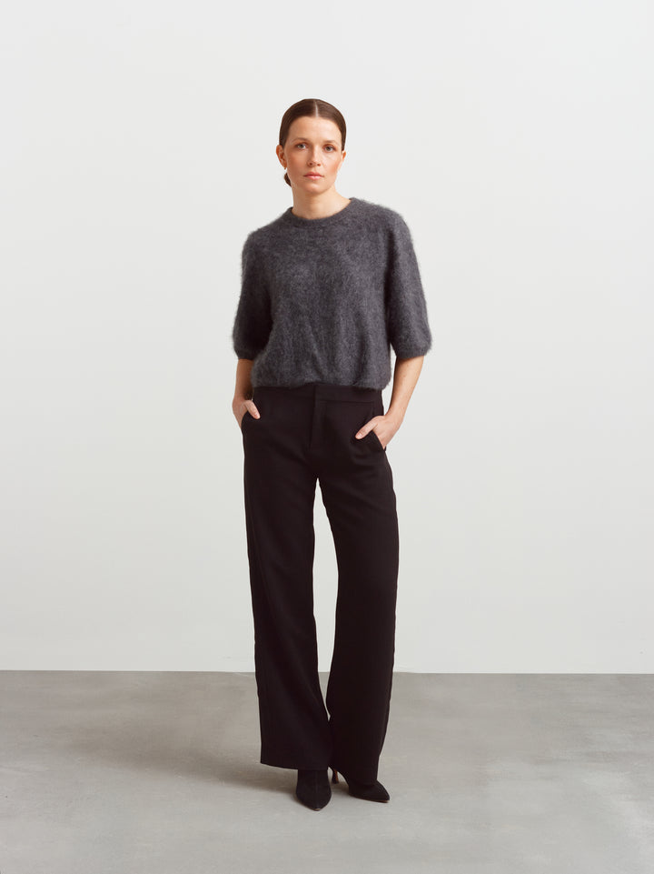 Modena tee in tundra grey brushed cashmere, boxy fit with black wide-leg trousers