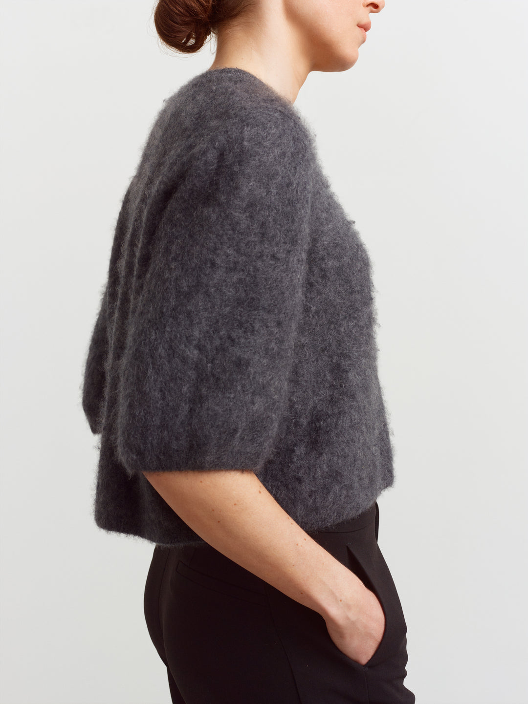 Modena tee in tundra grey brushed cashmere, side view showing the soft airy texture
