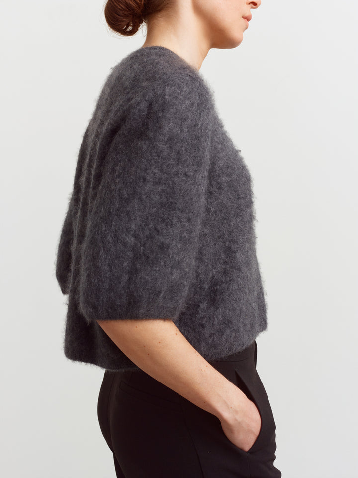 Modena tee in tundra grey brushed cashmere, side view showing the soft airy texture