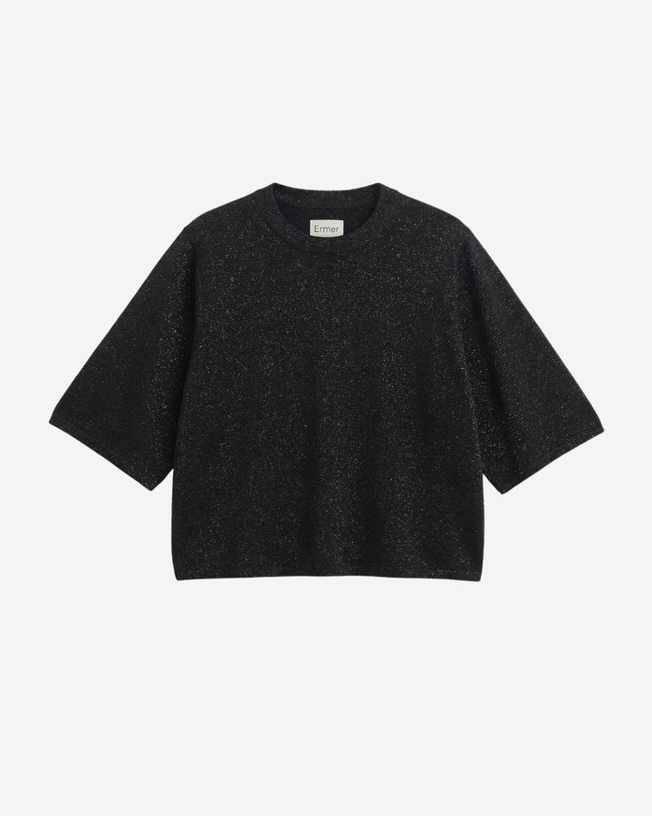 Modena tee in black glow, flat lay showing boxy fit and elbow-length sleeves