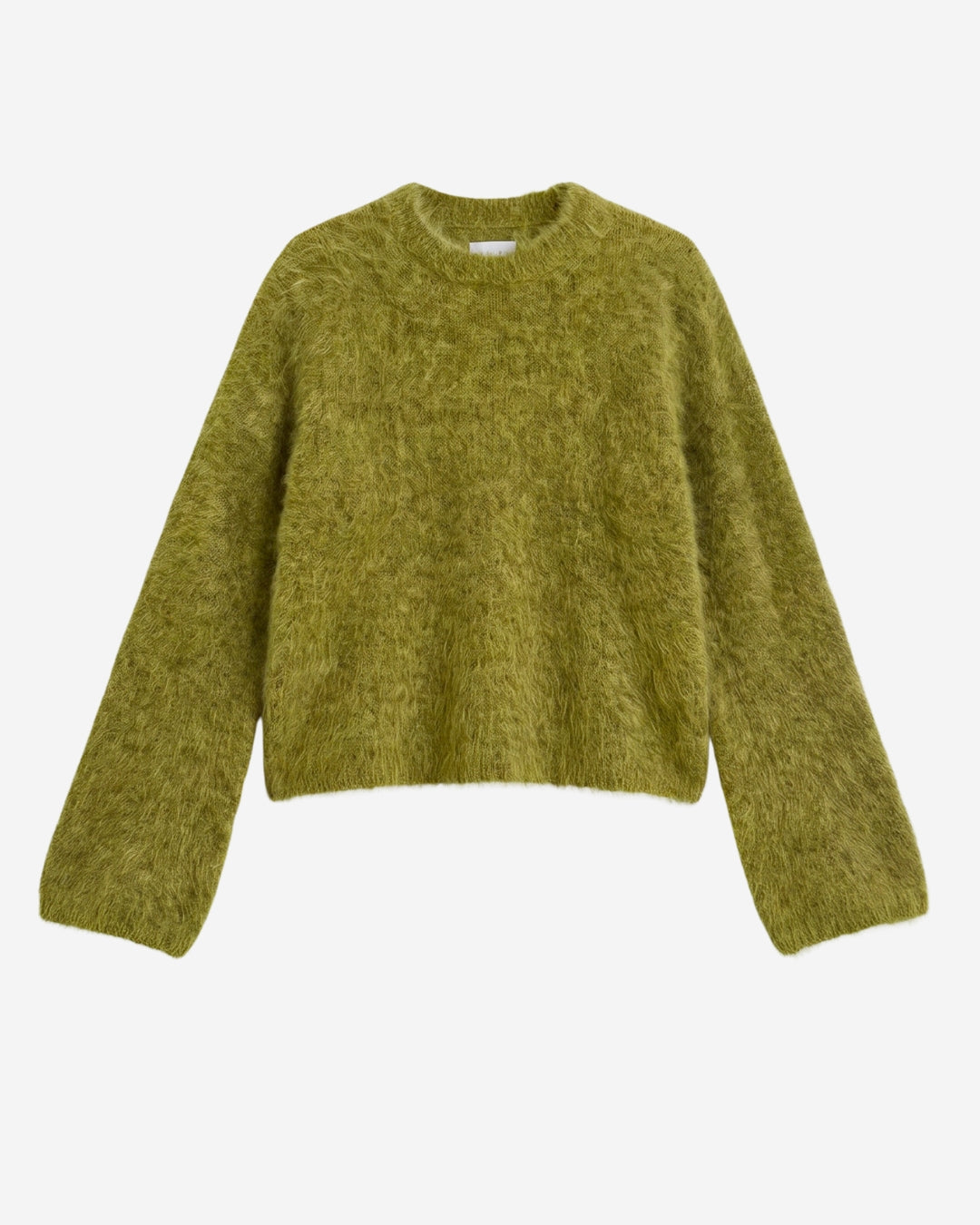 Montreal sweater in fresh moss brushed cashmere, flat lay with crew neckline and straight fit