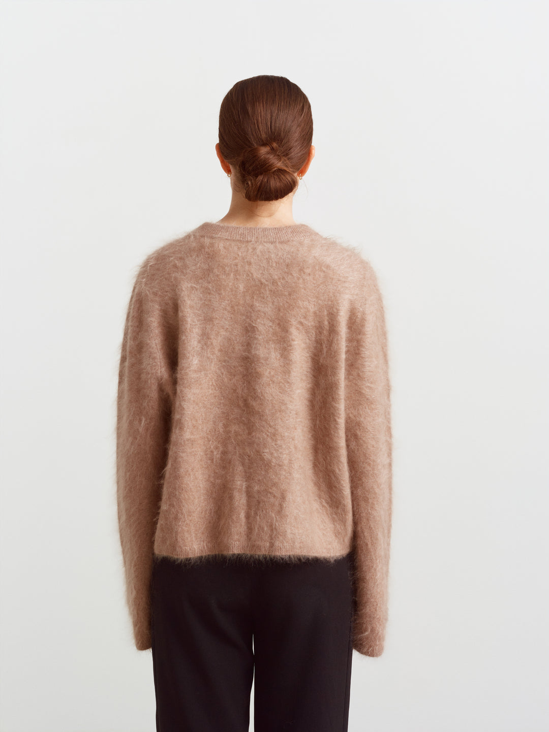Montreal sweater in mushroom brushed cashmere, back view showing relaxed fit and long sleeves