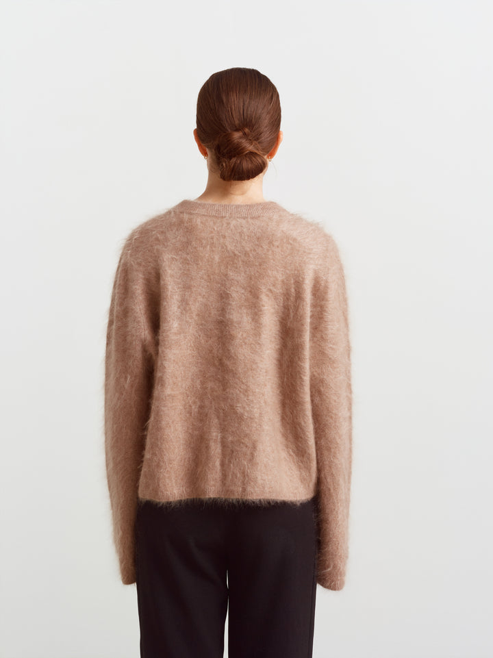 Montreal sweater in mushroom brushed cashmere, back view showing relaxed fit and long sleeves