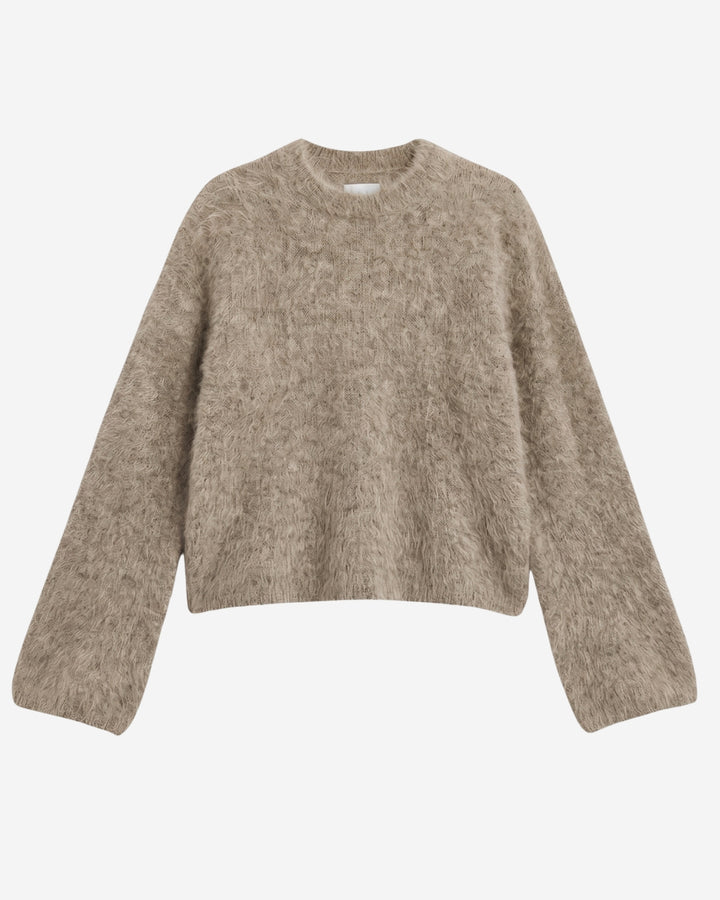 Montreal sweater in mushroom brushed cashmere, flat lay with crew neckline and straight fit