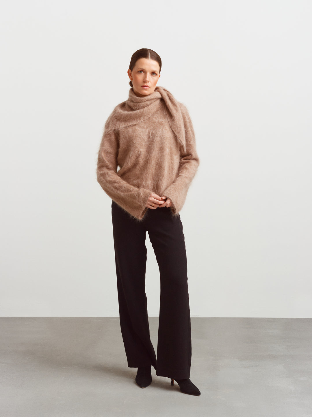 Montreal sweater in mushroom brushed cashmere, styled with a tonal scarf and black trousers
