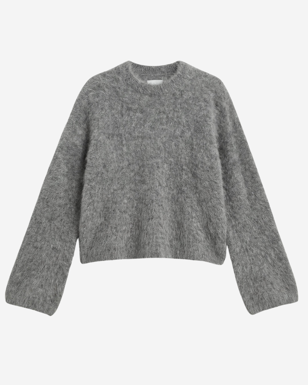 Montreal sweater in tundra grey brushed cashmere, flat lay with crew neckline and relaxed straight fit