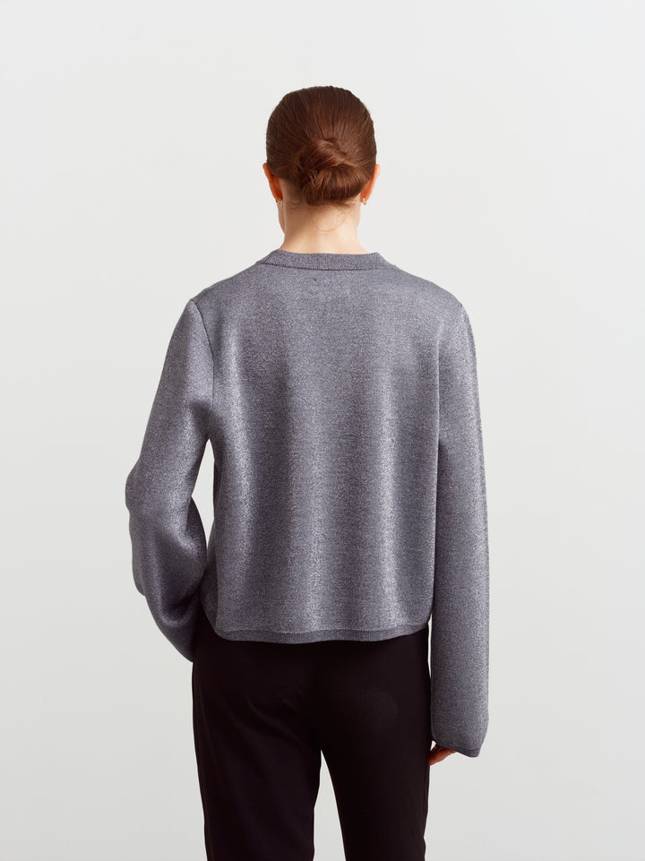 Montreal sweater in gun metal glow, back view showing straight fit and dropped shoulders