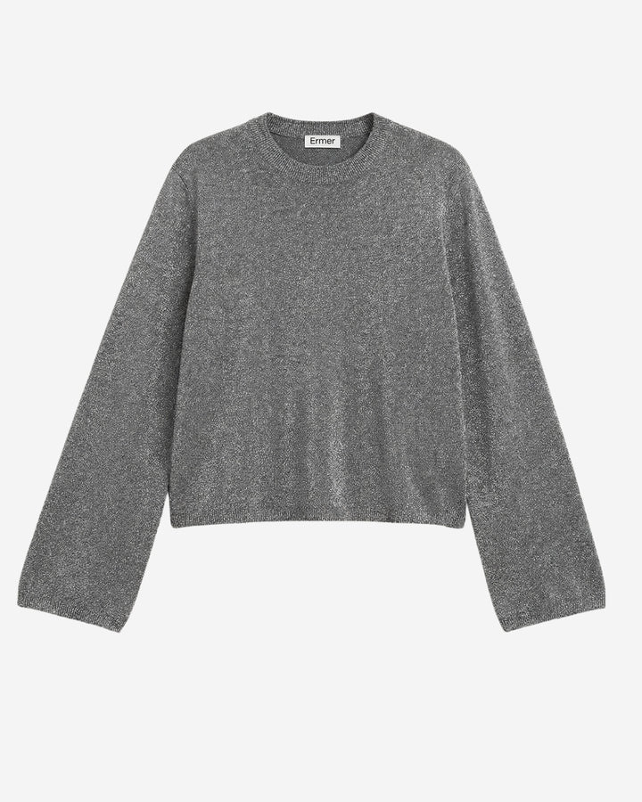 Montreal sweater in gun metal glow, flat lay showing crew neckline and elongated sleeves