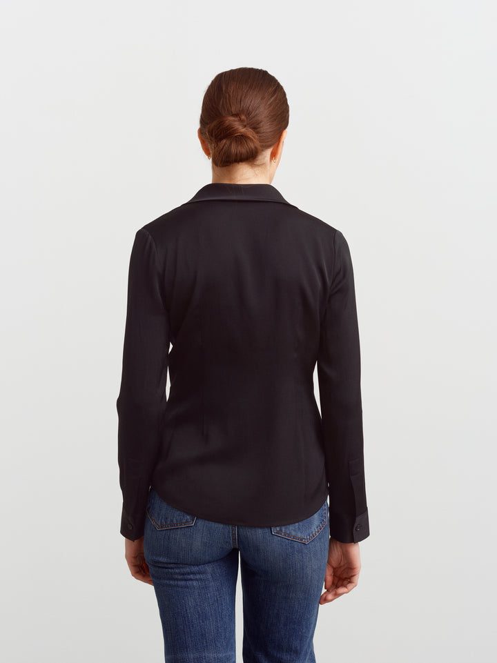 New York blouse in black silk blend, back view showing fluid drape and set-in sleeves