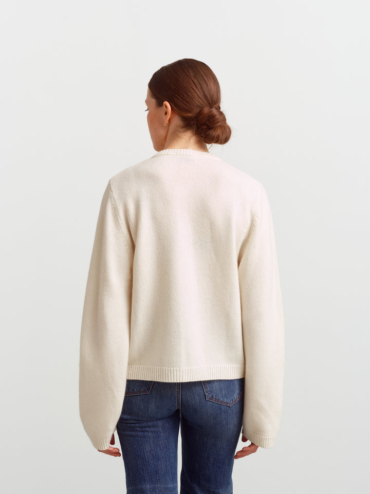 Verona wool cashmere cardigan in cloud dancer, back view showing relaxed fit and dropped shoulders
