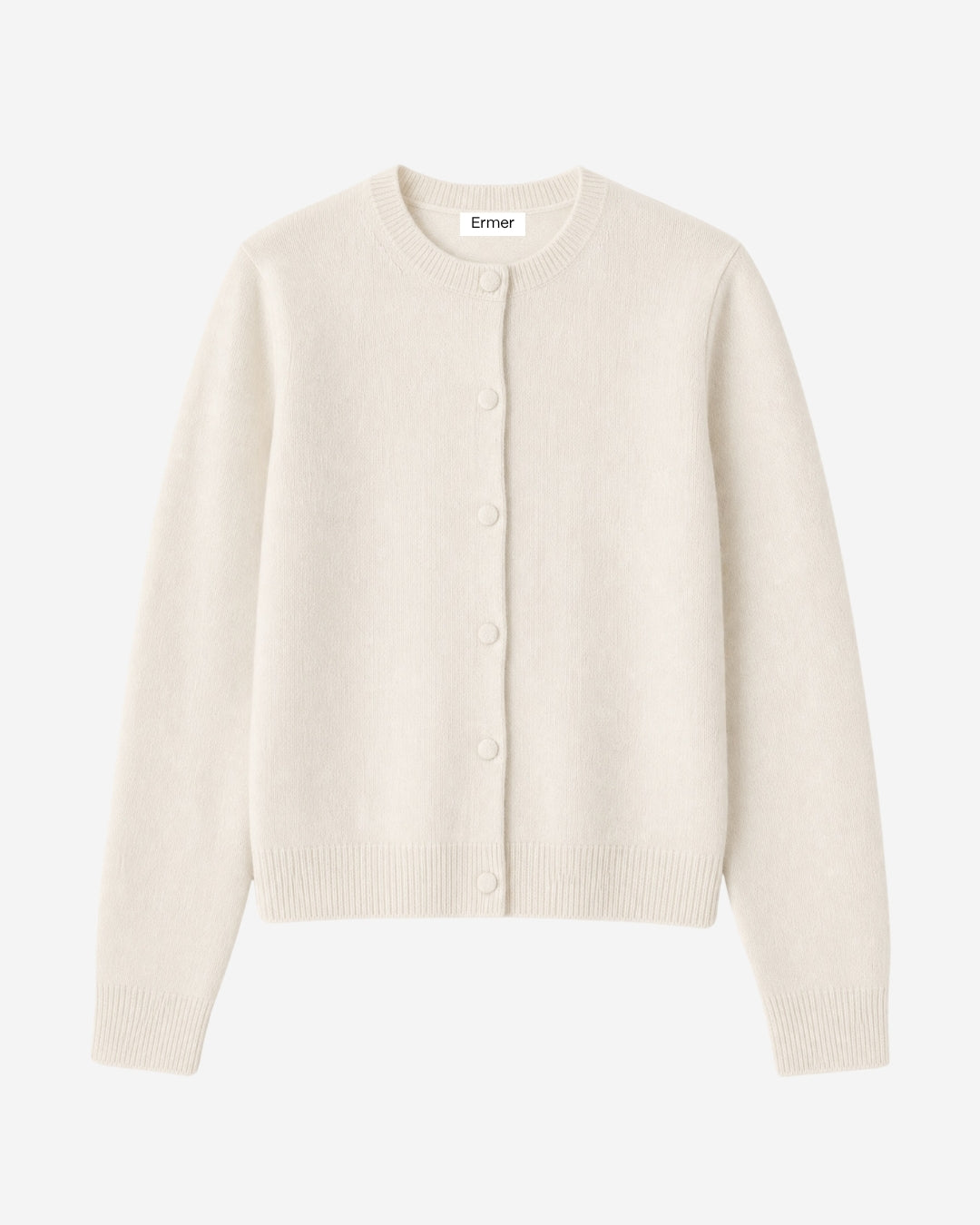 Verona wool cashmere cardigan in cloud dancer, buttoned flat lay with round neck and ribbed hem