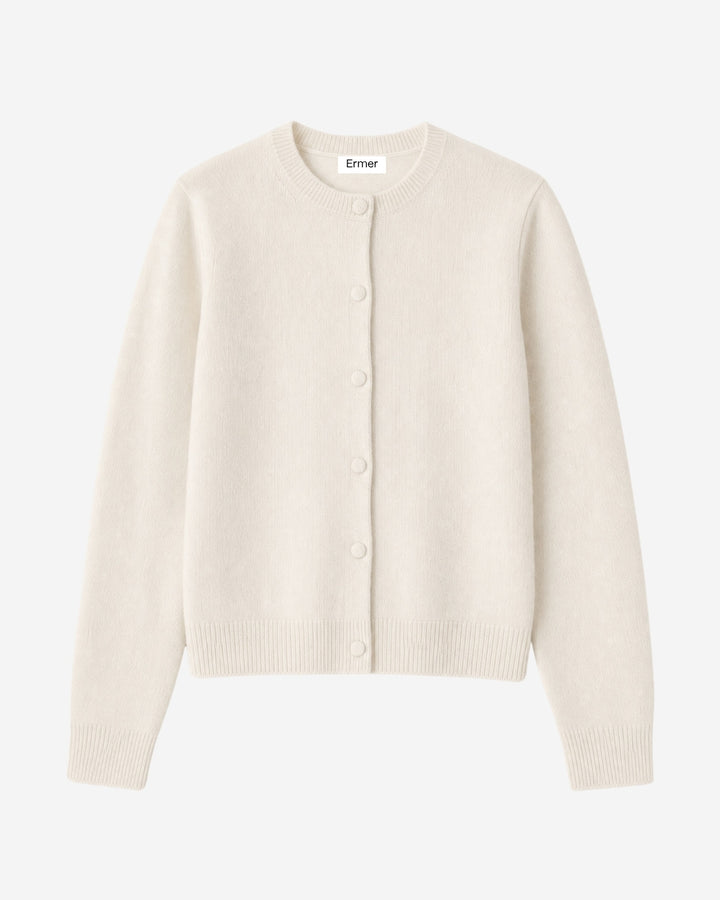 Verona wool cashmere cardigan in cloud dancer, buttoned flat lay with round neck and ribbed hem
